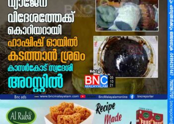 ആയുർവേദ മരുന്നെന്ന വ്യാജേന വിദേശത്തേക്ക് കൊറിയറായി ഹാഷിഷ് ഓയിൽ കടത്താൻ ശ്രമം കാസർകോട് സ്വദേശി അറസ്റ്റിൽ