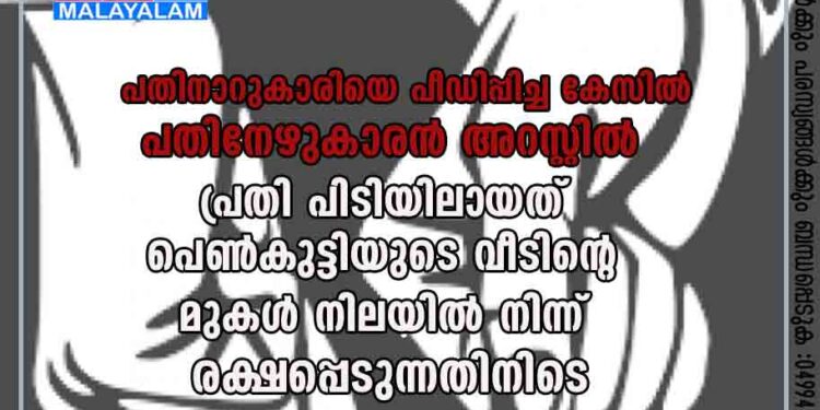 പതിനാറുകാരിയെ പീഡിപ്പിച്ച കേസിൽ പതിനേഴുകാരൻ അറസ്റ്റിൽ, പ്രതി പിടിയിലായത് പെൺകുട്ടിയുടെ വീടിന്റെ മുകൾ നിലയിൽ നിന്ന് രക്ഷപ്പെടുന്നതിനിടെ