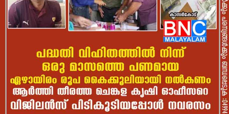 പദ്ധതി വിഹിതത്തിൽനിന്ന് ഒരു മാസത്തെ പണമായ ഏഴായിരം രൂപ കൈക്കൂലിയായി നൽകണം ആർത്തി തീരത്ത ചെങ്കള കൃഷി ഓഫീസറെ വിജിലൻസ് പിടികൂടിയപ്പോൾ നവരസം .