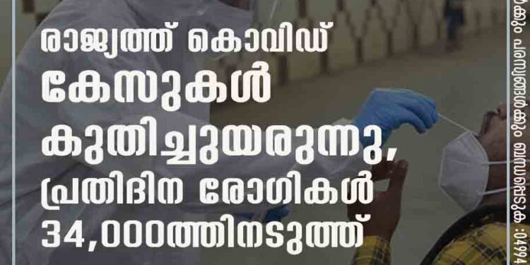 രാജ്യത്ത് കൊവിഡ് കേസുകൾ കുതിച്ചുയരുന്നു, പ്രതിദിന രോഗികൾ 34,000ത്തിനടുത്ത്