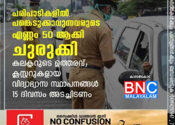 കാസർകോട് , കോവിഡ് നിയന്ത്രണങ്ങൾ പരിപാടികളിൽ പങ്കെടുക്കാവുന്നവരുടെ എണ്ണം 50 ആക്കി ചുരുക്കി കലക്ടറുടെ ഉത്തരവ്; ക്ലസ്റ്ററുകളായ വിദ്യാഭ്യാസ സ്ഥാപനങ്ങൾ 15 ദിവസം അടച്ചിടണം