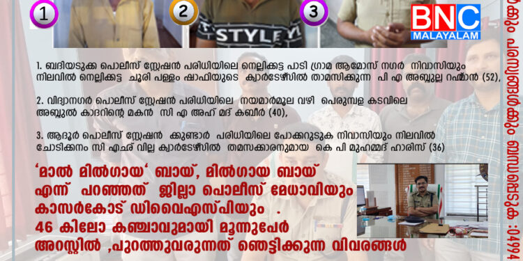 "മാൽ മിൽഗായ" ബായ്, മിൽഗായ ബായ് എന്ന് പറഞ്ഞത് ജില്ലാ പൊലീസ് മേധാവിയും കാസര്‍കോട് ഡിവൈഎസ്പിയും . 46 കിലോ കഞ്ചാവുമായി മൂന്നുപേര്‍ അറസ്റ്റിൽ ,പുറത്തുവരുന്നത് ഞെട്ടിക്കുന്ന വിവരങ്ങൾ