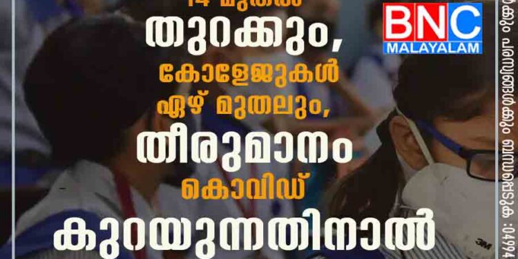 സംസ്ഥാനത്ത് സ്‌കൂളുകള്‍ 14 മുതല്‍ തുറക്കും, കോളേജുകള്‍ ഏഴ് മുതലും, തീരുമാനം കൊവിഡ് കുറയുന്നതിനാൽ