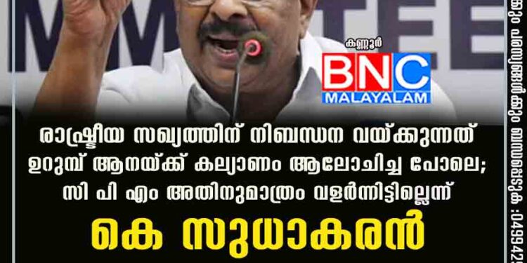 രാഷ്ട്രീയ സഖ്യത്തിന് നിബന്ധന വയ്ക്കുന്നത് ഉറുമ്പ് ആനയ്ക്ക് കല്യാണം ആലോചിച്ച പോലെ; സി പി എം അതിനുമാത്രം വളർന്നിട്ടില്ലെന്ന് കെ സുധാകരൻ