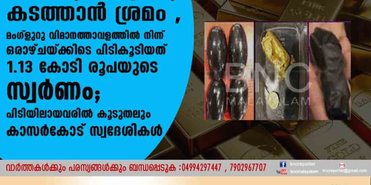 സ്വർണം പേസ്റ്റ് രൂപത്തിലാക്കി മലാശയത്തിലും അടിവസ്ത്രത്തിലും കടത്താൻ ശ്രമം ,മംഗ്ളുറു വിമാനത്താവളത്തിൽ നിന്ന് ഒരാഴ്ചയ്ക്കിടെ പിടികൂടിയത് 1.13 കോടി രൂപയുടെ സ്വർണം; പിടിയിലായവരില്‍ കൂടുതലും കാസര്‍കോട് സ്വദേശികള്‍