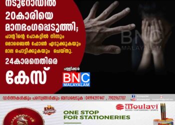 നടുറോഡില്‍ 20കാരിയെ മാനഭംഗപ്പെടുത്തി പാന്റിന്റെ പോകറ്റില്‍ നിന്നും മൊബൈല്‍ ഫോണ്‍ എടുക്കുകയും മാല പൊട്ടിക്കുകയും ചെയ്തു. 24കാരനെതിരെ കേസ്