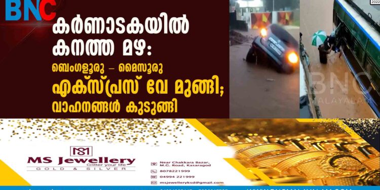 കര്‍ണാടകയില്‍ കനത്ത മഴ: ബെംഗളൂരു - മൈസൂരു എക്‌സ്പ്രസ് വേ മുങ്ങി; വാഹനങ്ങള്‍ കുടുങ്ങി