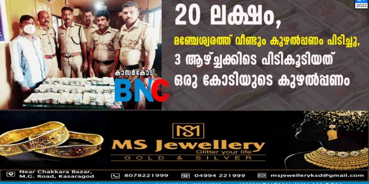 20 ലക്ഷം, മഞ്ചേശ്വരത്ത് വീണ്ടും കുഴല്‍പ്പണം പിടിച്ചു, 3 ആഴ്‍ച്ചക്കിടെ പിടികൂടിയത് ഒരു കോടിയുടെ കുഴല്‍പ്പണം