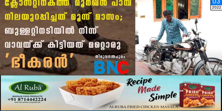 ക്ലോസറ്റിനകത്ത് മൂർഖൻ പാമ്പ് നിലയുറപ്പിച്ചത് മൂന്ന് മാസം; ബുള്ളറ്റിനടിയിൽ നിന്ന് വാവയ്ക്ക് കിട്ടിയത് മറ്റൊരു 'ഭീകരൻ'