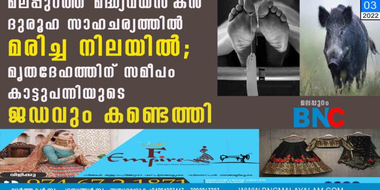 മലപ്പുറത്ത് മദ്ധ്യവയസ്കൻ ദുരൂഹ സാഹചര്യത്തിൽ മരിച്ച നിലയിൽ; മൃതദേഹത്തിന് സമീപം കാട്ടുപന്നിയുടെ ജഡവും കണ്ടെത്തി