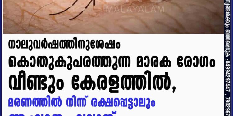 നാലുവർഷത്തിനുശേഷം കൊതുകുപരത്തുന്ന മാരക രോഗം വീണ്ടും കേരളത്തിൽ,  മരണത്തിൽ നിന്ന് രക്ഷപ്പെട്ടാലും ആഘാതം വലുത്