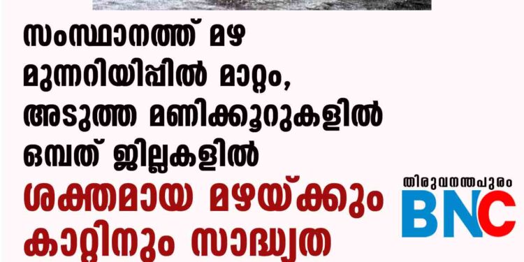 സംസ്ഥാനത്ത് മഴ മുന്നറിയിപ്പിൽ മാറ്റം,​ അടുത്ത മണിക്കൂറുകളിൽ ഒമ്പത് ജില്ലകളിൽ ശക്തമായ മഴയ്ക്കും കാറ്റിനും സാദ്ധ്യത