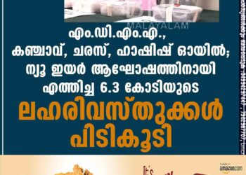 MDMA, കഞ്ചാവ്, ചരസ്, ഹാഷിഷ് ഓയിൽ; ന്യൂ ഇയർ ആഘോഷത്തിനായി എത്തിച്ച 6.3 കോടിയുടെ ലഹരിവസ്തുക്കൾ പിടികൂടി