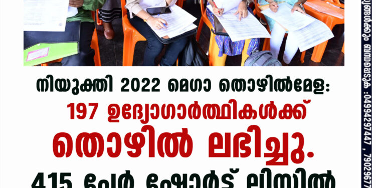 നിയുക്തി 2022 മെഗാ തൊഴില്‍മേള: ' 197 ഉദ്യോഗാര്‍ത്ഥികള്‍ക്ക് തൊഴിൽ ലഭിച്ചു. 415 പേർ ഷോർട്ട് ലിസ്റ്റിൽ