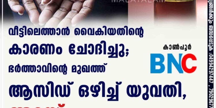 വീട്ടിലെത്താൻ വൈകിയതിന്റെ കാരണം ചോദിച്ചു; ഭർത്താവിന്റെ മുഖത്ത് ആസിഡ് ഒഴിച്ച് യുവതി, അറസ്റ്റ്