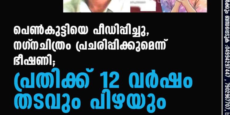 പെണ്‍കുട്ടിയെ പീഡിപ്പിച്ചു, നഗ്‌നചിത്രം പ്രചരിപ്പിക്കുമെന്ന് ഭീഷണി; പ്രതിക്ക് 12 വര്‍ഷം തടവും പിഴയും