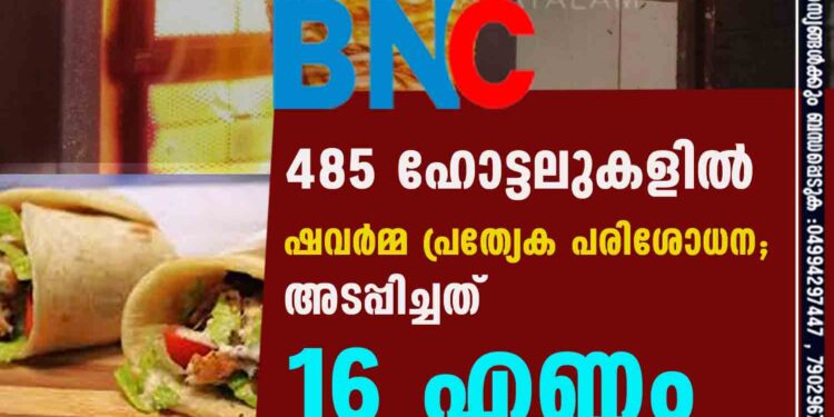 485 ഹോട്ടലുകളിൽ ഷവര്‍മ്മ പ്രത്യേക പരിശോധന‍; അടപ്പിച്ചത് 16 എണ്ണം