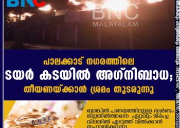 പാലക്കാട് നഗരത്തിലെ ടയർ കടയിൽ അഗ്നിബാധ; തീയണയ്ക്കാൻ ശ്രമം തുടരുന്നു