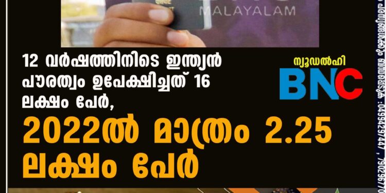 12 വർഷത്തിനിടെ ഇന്ത്യൻ പൗരത്വം ഉപേക്ഷിച്ചത് 16 ലക്ഷം പേർ, 2022ൽ മാത്രം 2.25 ലക്ഷം പേര്‍