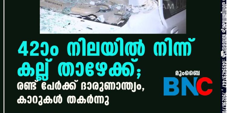 42ാം നിലയില്‍ നിന്ന് കല്ല് താഴേക്ക്; രണ്ട് പേര്‍ക്ക് ദാരുണാന്ത്യം, കാറുകള്‍ തകര്‍ന്നു