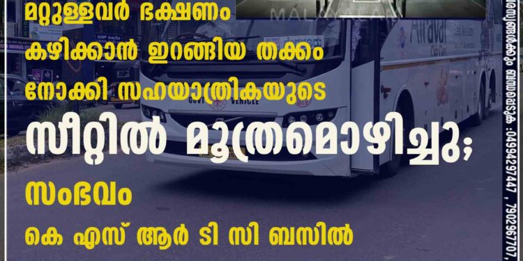 മറ്റുള്ളവർ ഭക്ഷണം കഴിക്കാൻ ഇറങ്ങിയ തക്കം നോക്കി സഹയാത്രികയുടെ സീറ്റിൽ മൂത്രമൊഴിച്ചു; സംഭവം കെ എസ് ആർ ടി സി ബസിൽ