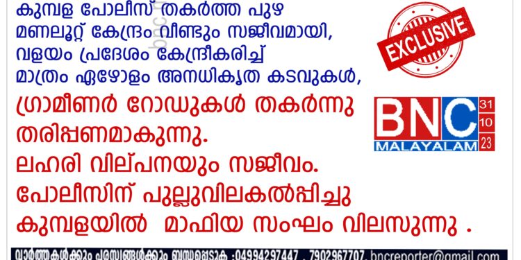 കുമ്പള പോലീസ് തകർത്ത പുഴ മണലൂറ്റ് കേന്ദ്രം വീണ്ടും സജീവമായി, വളയം പ്രദേശം കേന്ദ്രീകരിച്ച് മാത്രം ഏഴോളം അനധികൃത കടവുകൾ, ഗ്രാമീണർ റോഡുകൾ തകർന്നു തരിപ്പണമാകുന്നു. ലഹരി വില്പനയും സജീവം. പോലീസിന് പുല്ലുവിലകൽപ്പിച്ചു കുമ്പളയിൽ മാഫിയ സംഘം വിലസുന്നു .