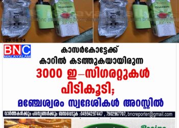 കാസർകോട്ടേക്ക് കാറിൽ കടത്തുകയായിരുന്ന 3000 ഇ-സിഗരറ്റുകൾ പിടികൂടി;മഞ്ചേശ്വരം സ്വദേശികൾ അറസ്റ്റിൽ