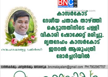 കാസര്‍കോട് ദേശീയ പതാക താഴ്ത്തി കെട്ടുന്നതിനിടെ പള്ളി വികാരി ഷോക്കേറ്റ് മരിച്ചു.