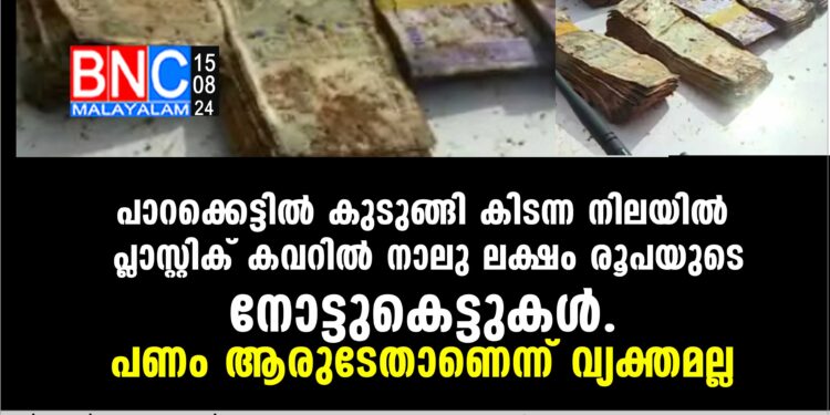 പാറക്കെട്ടില്‍ കുടുങ്ങി കിടന്ന നിലയില്‍ പ്ലാസ്റ്റിക് കവറില്‍ നാലു ലക്ഷം രൂപയുടെ നോട്ടുകെട്ടുകള്‍. പണം ആരുടേതാണെന്ന് വ്യക്തമല്ല