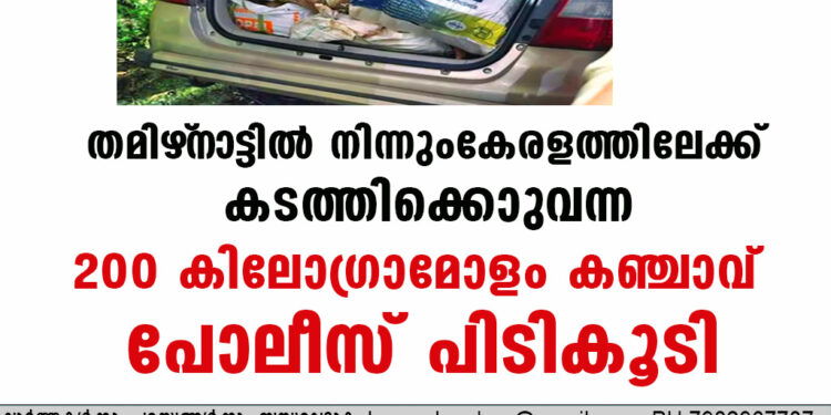 തമിഴ്‌നാട്ടിൽനിന്നും കേരളത്തിലേക്ക്  കടത്തിക്കൊണ്ടുവന്ന 200 കിലോഗ്രാമോളം കഞ്ചാവ് പോലീസ് പിടികൂടി.