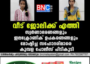 സ്വര്‍ണാഭരണങ്ങളും ഇലക്ട്രോണിക് ഉപകരണങ്ങളും മോഷ്ടിച്ച സഹോദരിമാരെ കുമ്പള പോലീസ് പിടികൂടി .