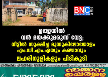 ഉപ്പളയിൽ വൻ മയക്കുമരുന്ന് വേട്ട; വീട്ടിൽ സൂക്ഷിച്ച മൂന്നുകിലോയോളം എം.ഡി.എം.എയും കഞ്ചാവും ലഹരിഗുളികളും പിടികൂടി