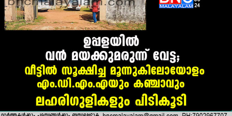 ഉപ്പളയിൽ വൻ മയക്കുമരുന്ന് വേട്ട; വീട്ടിൽ സൂക്ഷിച്ച മൂന്നുകിലോയോളം എം.ഡി.എം.എയും കഞ്ചാവും ലഹരിഗുളികളും പിടികൂടി