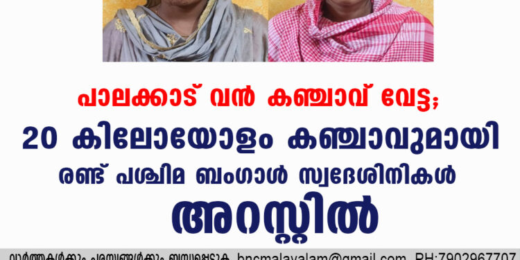 പാലക്കാട് വൻ കഞ്ചാവ് വേട്ട; 20 കിലോയോളം കഞ്ചാവുമായി രണ്ട് പശ്ചിമ ബംഗാൾ സ്വദേശിനികൾ അറസ്റ്റിൽ