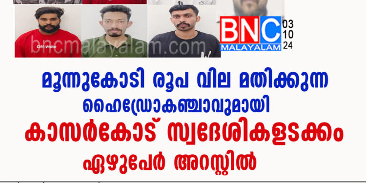 മൂന്നുകോടി രൂപ വില മതിക്കുന്ന ഹൈഡ്രോകഞ്ചാവുമായി കാസർകോട് സ്വദേശികളടക്കം ഏഴുപേർ അറസ്റ്റിൽ