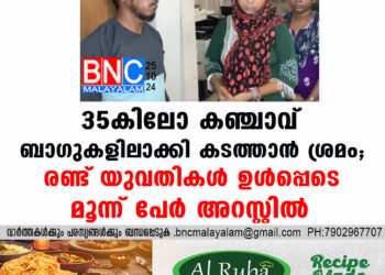 35കിലോ കഞ്ചാവ്   ബാ​ഗുകളിലാക്കി കടത്താൻ ശ്രമം;രണ്ട് യുവതികൾ ഉൾപ്പെടെ മൂന്ന് പേർ  അറസ്റ്റിൽ