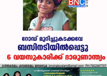 റോഡ് മുറിച്ചുകടക്കവേ ബസിനടിയിൽപ്പെട്ടു 6 വയസുകാരിക്ക് ദാരുണാന്ത്യം