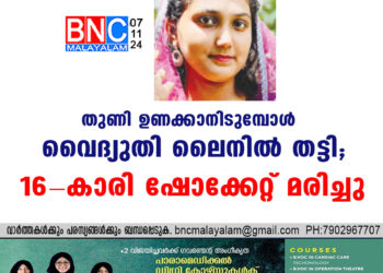 തുണി ഉണക്കാനിടുമ്പോള്‍ വൈദ്യുതി ലൈനില്‍ തട്ടി; 16-കാരി ഷോക്കേറ്റ് മരിച്ചു