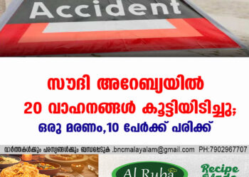 സൗദി അറേബ്യയിൽ 20 വാഹനങ്ങള്‍ കൂട്ടിയിടിച്ചു; ഒരു മരണം, 10 പേര്‍ക്ക് പരിക്ക്