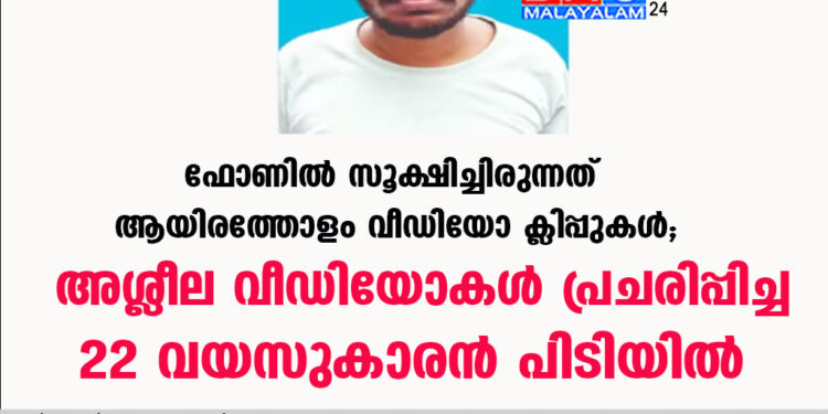 ഫോണിൽ സൂക്ഷിച്ചിരുന്നത് ആയിരത്തോളം വീഡിയോ ക്ലിപ്പുകൾ; അശ്ലീല വീഡിയോകൾ പ്രചരിപ്പിച്ച 22 വയസുകാരൻ പിടിയിൽ