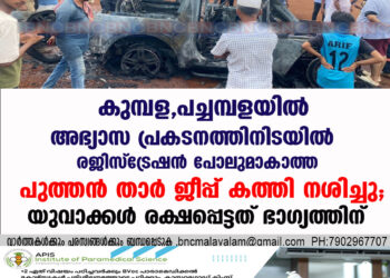 കുമ്പള, പച്ചമ്പളയിൽ   അഭ്യാസ പ്രകടനത്തിനിടയിൽ രജിസ്ട്രേഷൻ പോലുമാകാത്ത പുത്തൻ താർ ജീപ്പ് കത്തി നശിച്ചു; യുവാക്കൾ രക്ഷപ്പെട്ടത് ഭാഗ്യത്തിന്