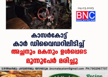 കാസർകോട്ട് കാർ ഡിവൈഡറിലിടിച്ച് അച്ഛനും മകനും ഉൾപ്പെടെ മൂന്നുപേർ മരിച്ചു